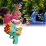 Children's automatic bubble gun with children playing with the green gun