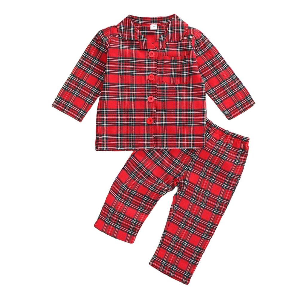 Red plaid Christmas pajamas for kids with white background