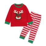Christmas pyjamas with red striped pants and white background