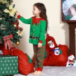 Christmas pyjamas with hat for children with a background of a girl wearing the pyjamas