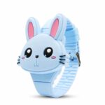 An electronic watch for girls in the shape of a cute blue rabbit. It has a blue buckle bracelet.