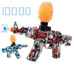 Electric orange gel ball orbeez gun for red and blue kids with orange gel balls on a white background