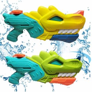 Yellow and green dinosaur water gun for kids with white background