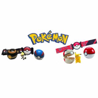 Pokémon belt with PokéBall set and figurines with Pokémon logo and white background