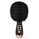 A black children's karaoke microphone, with pink keys integrated into the handle and a battery compartment underneath.