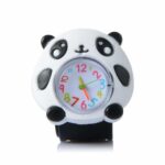 A plastic children's watch featuring a cute black and white panda. In the center is a clock with a glass dial and colored hands and numbers.