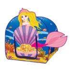 A blue and pink castle-shaped tepee for girls, with a mermaid printed on it. The door features underwater treasures.