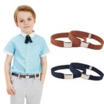Adjustable stretch elastic belt with buckle for children with a child wearing the belt and a white background