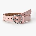 Faux leather belt with heart-shaped eyelet for pink children with white background