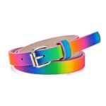 Leather belt with multicolored square buckle and white background