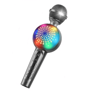 A grey wireless karaoke microphone for children with a multicolored speaker in the center