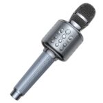 A gray karaoke microphone for children. On its handle, it has adjustment knobs. Its handle is made of sewn fabric.
