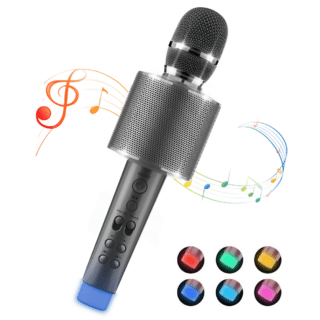 A children's karaoke microphone in gray. On its handle, it has adjustment buttons in the same color. Around the microphone are drawings of multicolored music symbols. At the bottom of the picture, small circles show the bright colors of the microphone.