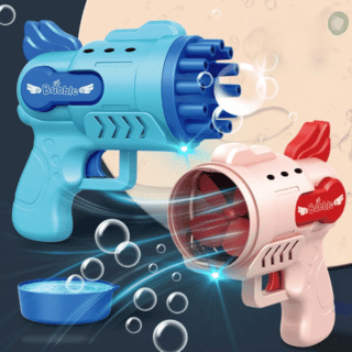 Red and blue automatic electric bubble water gun for kids with bubbles coming out of the gun