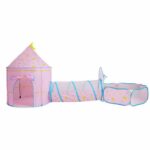 A pink teepee for girls with cute multicolored prints on the top. It includes a castle section, a tunnel and a ball pool.
