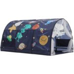 A dark blue children's teepee in the shape of a tunnel house. It has planet and extra-terrestrial drawings on the top. These drawings are multicolored. The front is closed by two transparent curtains.