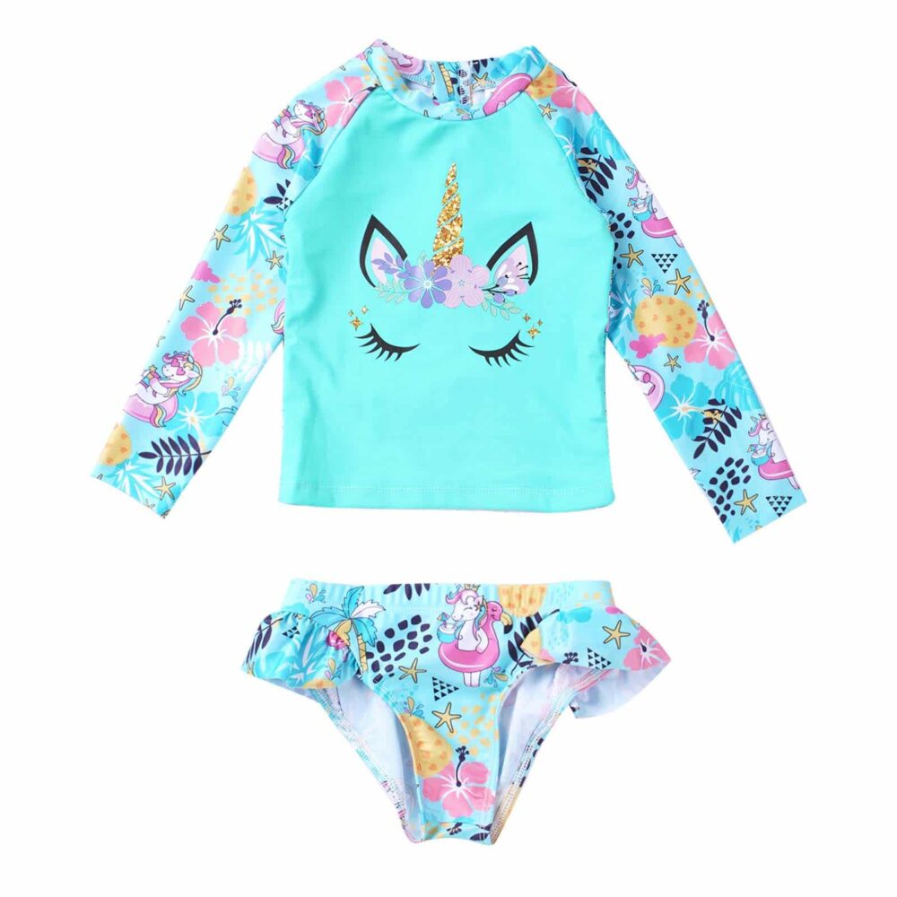 two-piece swimsuit for girls with long-sleeved top featuring a unicorn head, and ruffled panties on the sides, the swimsuit is turquoise blue