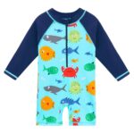 swimsuit for little boy, one-piece wetsuit style, light blue with little coloured fishes