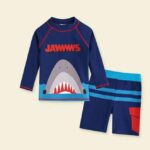 children's jersey, dark blue, with open-mouthed shark design, consisting of a long-sleeved T-shirt and shorts