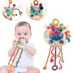 photo of a baby chewing on the montessori toy, with images of the product in bubbles