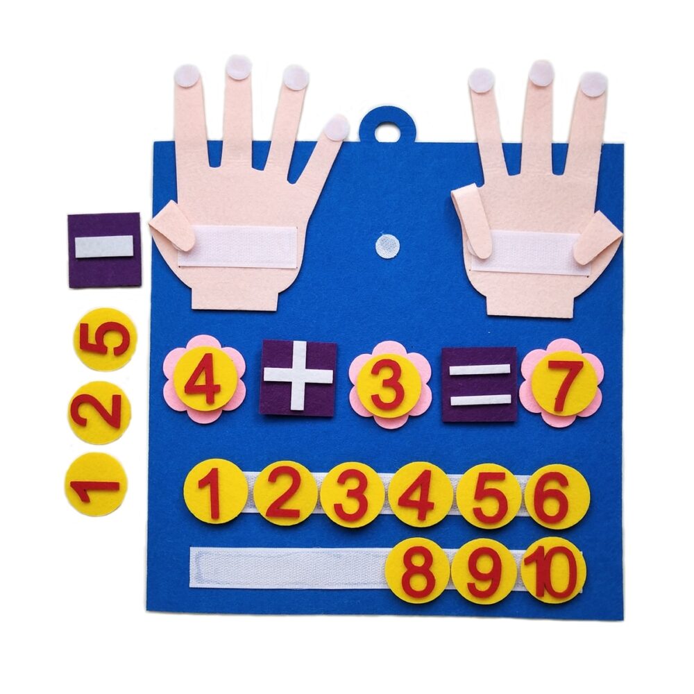 blue felt square with numbers, math signs and two hands for learning to count
