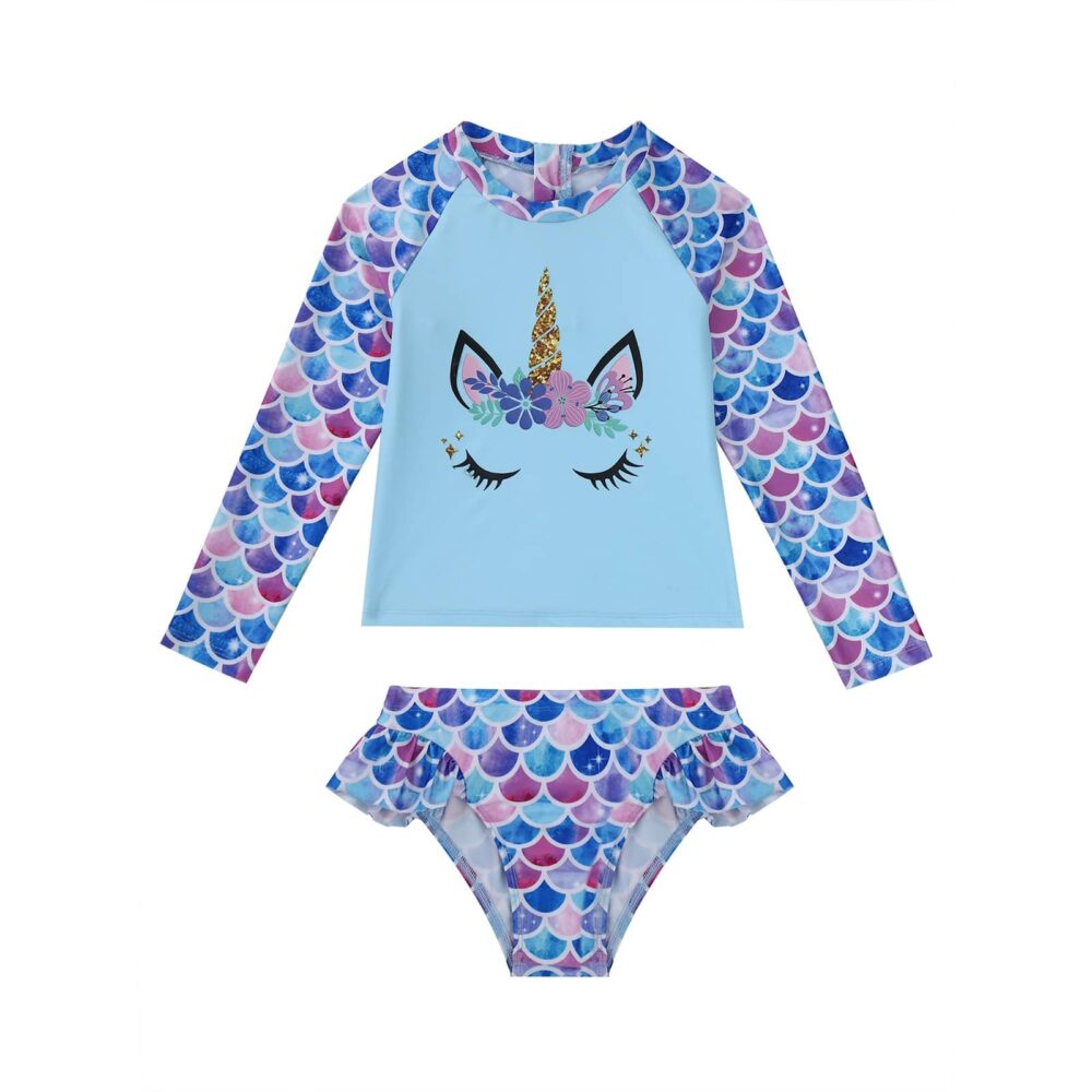 two-piece swimsuit for girls with a long-sleeved top with a unicorn head, and ruffled panties on the sides, the swimsuit is blue