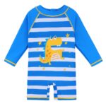 little boy's swimsuit, one-piece jumpsuit style, blue with white stripes and a little yellow dinosaur drawn on the front