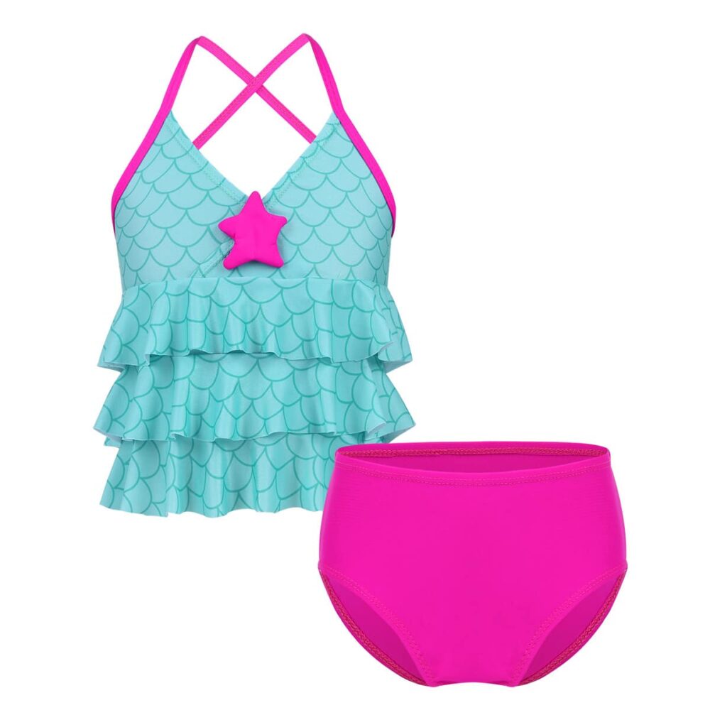blue girl's swimsuit with pink two-piece bottom and tank top, shown on a white background