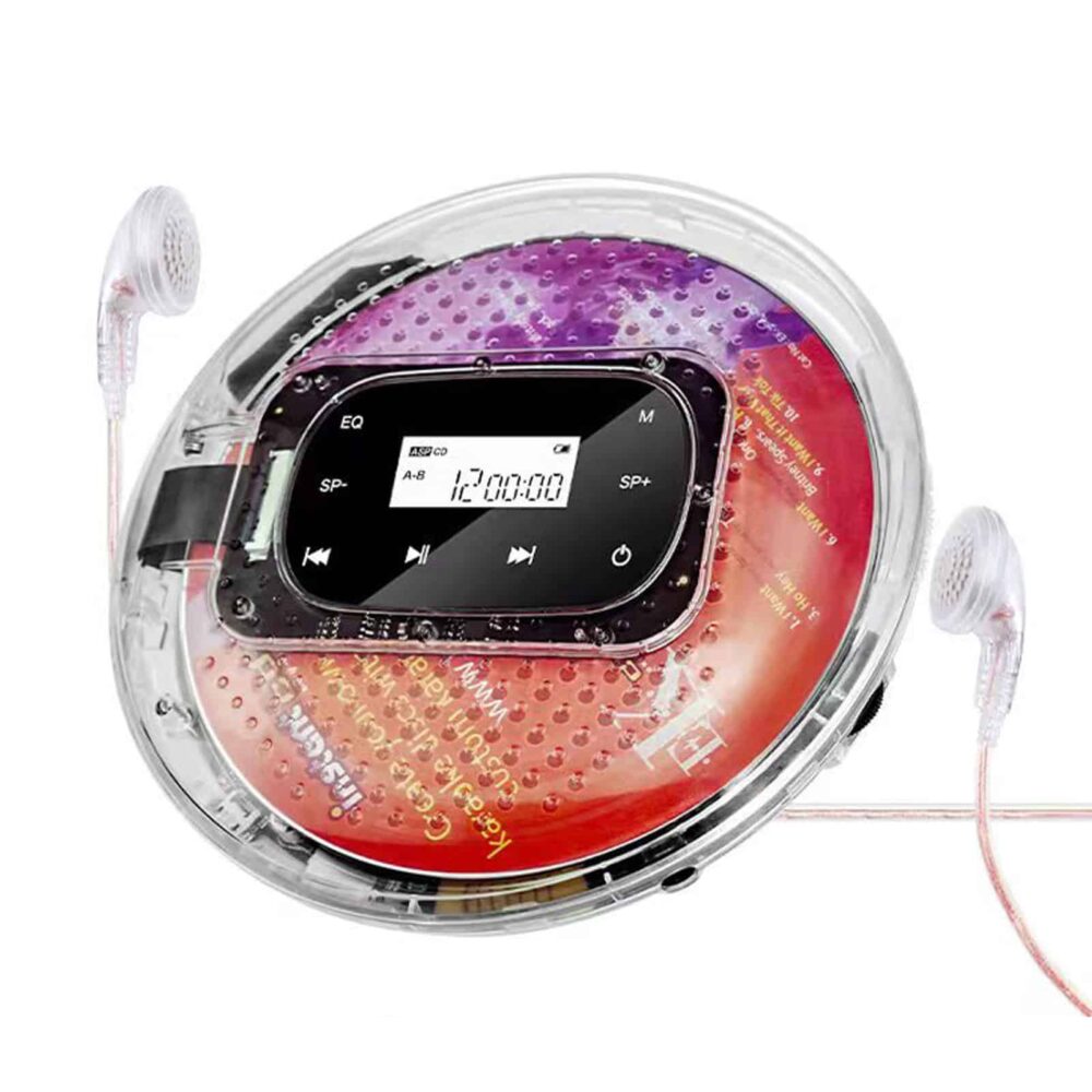 Transparent CD player with red and purple cd inside, and earphones