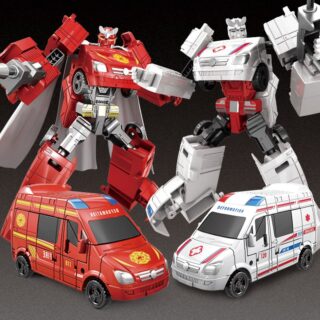 2 red and white toys side-by-side rescue car and robot