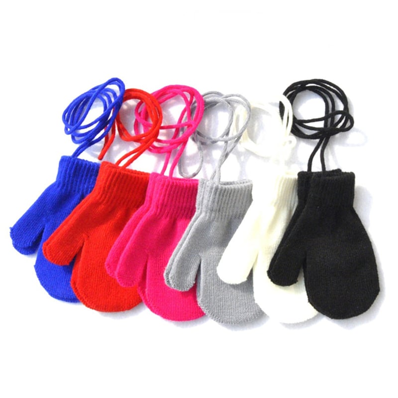 6 pairs of mittens with flat cord in blue, red, pink, grey, white and black