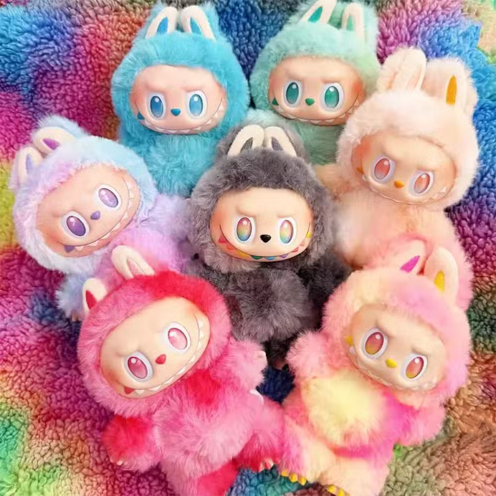 Kawaii monster plush colorful emotions in its box. On a white background.