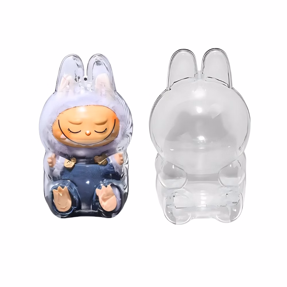 Protective case for seated Labubu-style plush toy with a plush inside, on a very light blue background.