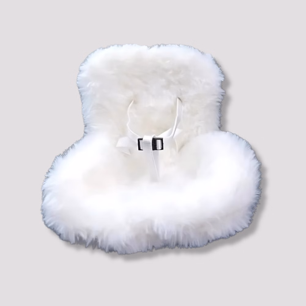 Cute car seat for Labubu-style plush toy in white, on a very light gray solid background.
